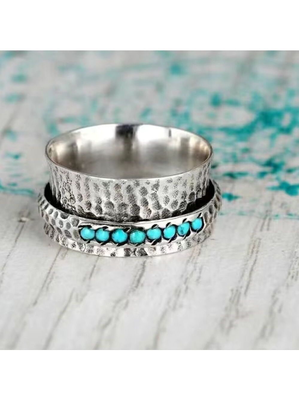 Boho Style Wide Ring Hammered Inlaid Turquoise Rotatable Design For Releasing - Picture 5 of 8